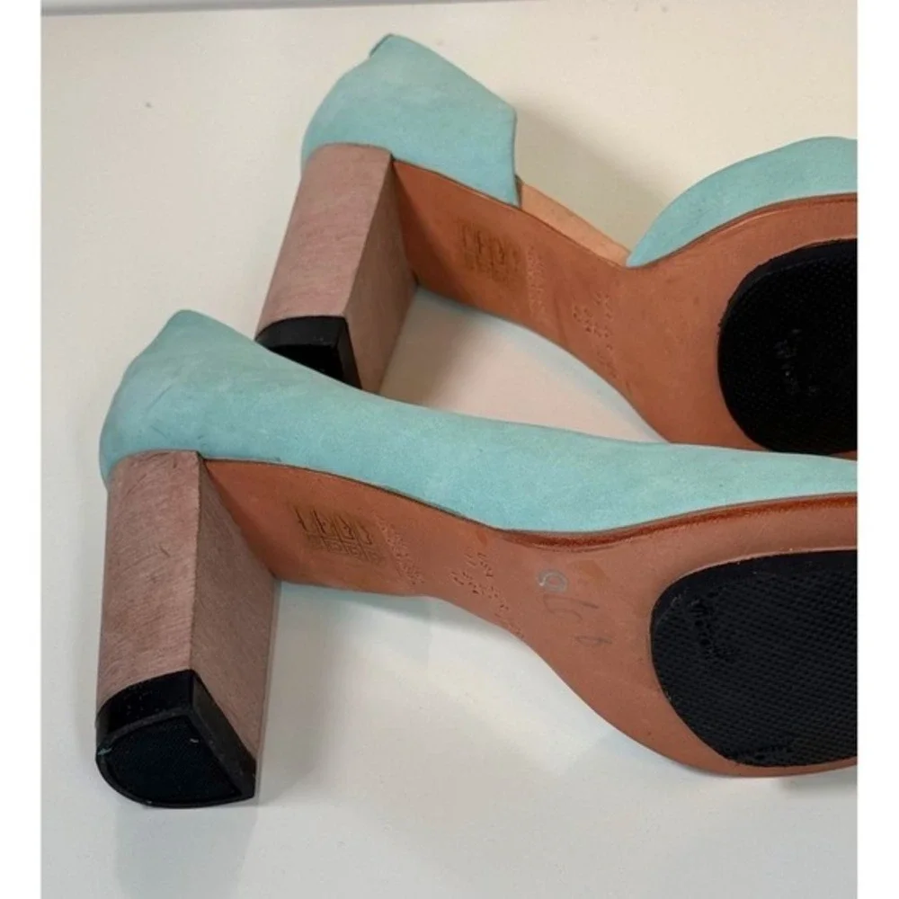 Masiero Aqua Blue Nubuck Leather Peep Toe D'Orsay Block Heels 11‎ Wedding 81-02